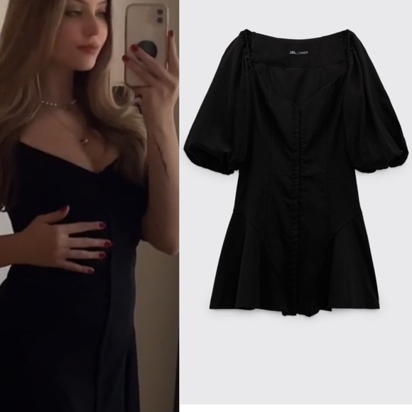 Zara Size S Sweetheart Neckline Puff Sleeve Linen Black Mini Dress 4661/308 - Picture 2 of 9